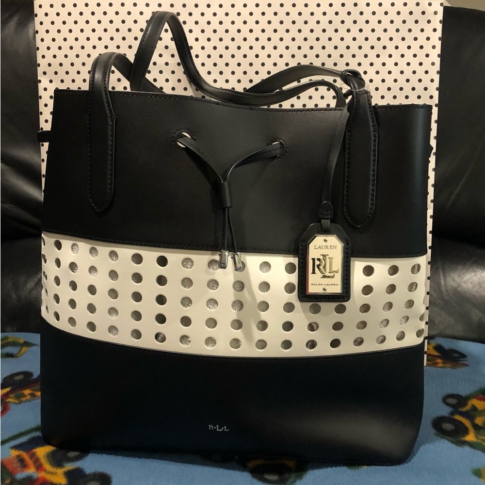 Lauren Ralph Lauren Black and Eggshell Perforated Drawstring Tote, Leather, NWT